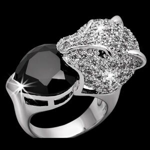 Panther Head Black onyx Heart Micro Pave Set Cz statement Cocktail Ring silver